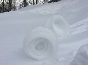 絨毯をぐるぐる巻いたような形の雪まくり